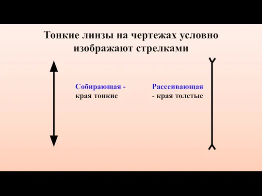 Тонкие линзы на чертежах условно изображают стрелками Собирающая - края тонкие Рассеивающая - края толстые