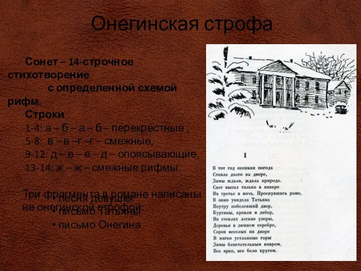 Сонет – 14-строчное стихотворение с определенной схемой рифм. Строки 1-4: а