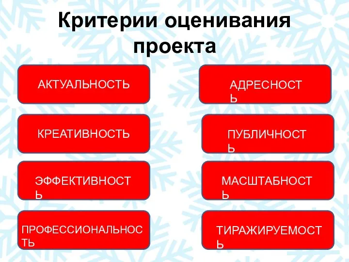 Критерии оценивания проекта АКТУАЛЬНОСТЬ КРЕАТИВНОСТЬ ЭФФЕКТИВНОСТЬ ПРОФЕССИОНАЛЬНОСТЬ АДРЕСНОСТЬ ПУБЛИЧНОСТЬ МАСШТАБНОСТЬ ТИРАЖИРУЕМОСТЬ