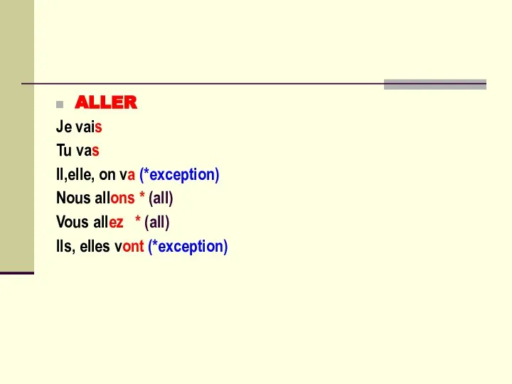 ALLER Je vais Tu vas Il,elle, on va (*exception) Nous allons