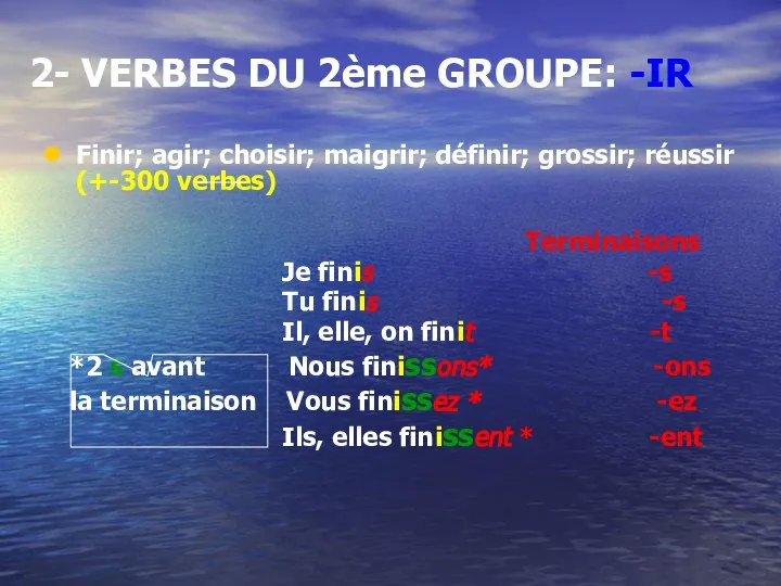 2- VERBES DU 2ème GROUPE: -IR Finir; agir; choisir; maigrir; définir;