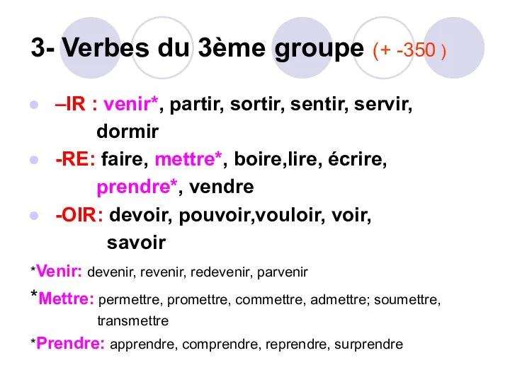 3- Verbes du 3ème groupe (+ -350 ) –IR : venir*,