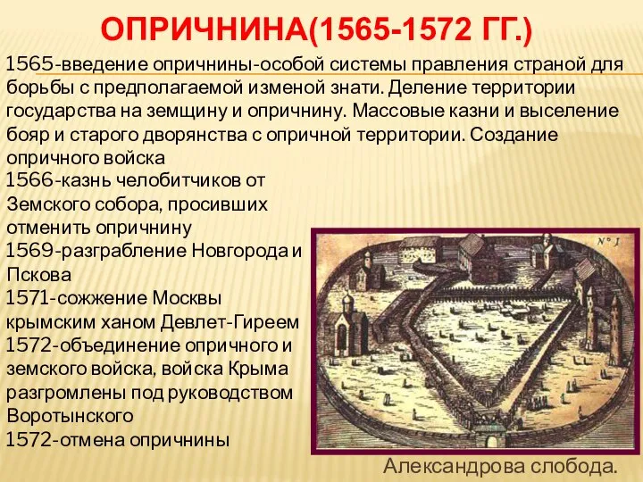 Александрова слобода. ОПРИЧНИНА(1565-1572 ГГ.) 1565-введение опричнины-особой системы правления страной для борьбы