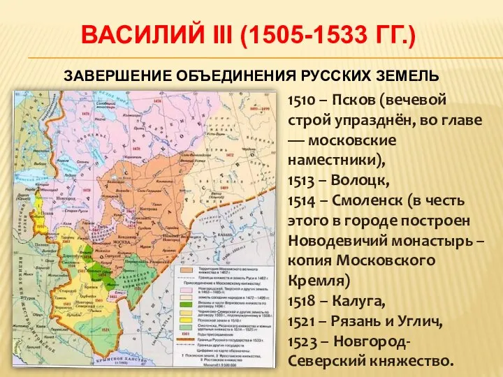 ЗАВЕРШЕНИЕ ОБЪЕДИНЕНИЯ РУССКИХ ЗЕМЕЛЬ 1510 – Псков (вечевой строй упразднён, во