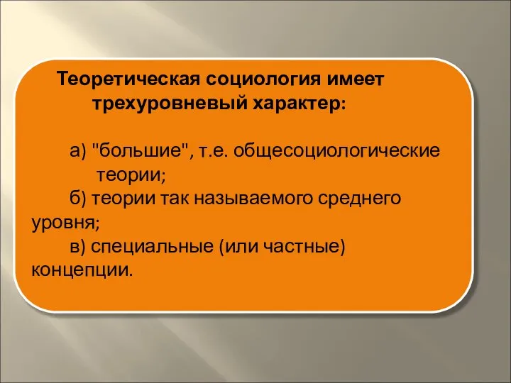 Теоретическая социология имеет трехуровневый характер: а) "большие", т.е. общесоциологические теории; б)