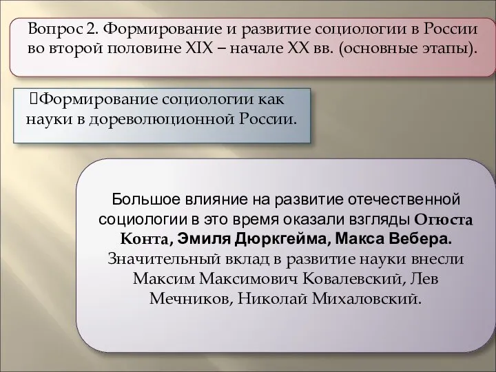 Формирование социологии как науки в дореволюционной России. Вопрос 2. Формирование и