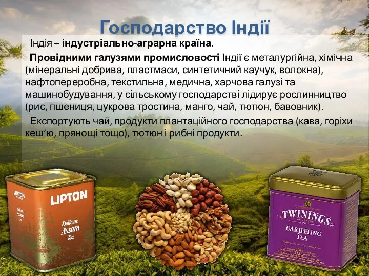 Господарство Індії Індія – індустріально-аграрна країна. Провідними галузями промисловості Індії є