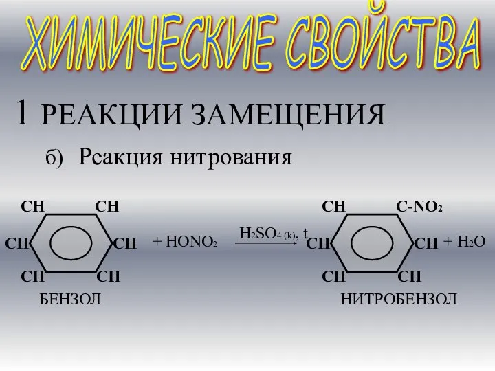 ХИМИЧЕСКИЕ СВОЙСТВА 1 РЕАКЦИИ ЗАМЕЩЕНИЯ б) Реакция нитрования + НОNО2 + Н2О H2SO4 (k), t