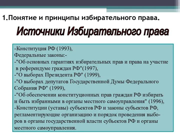 1.Понятие и принципы избирательного права. -Конституция РФ (1993), Федеральные законы:- -"Об