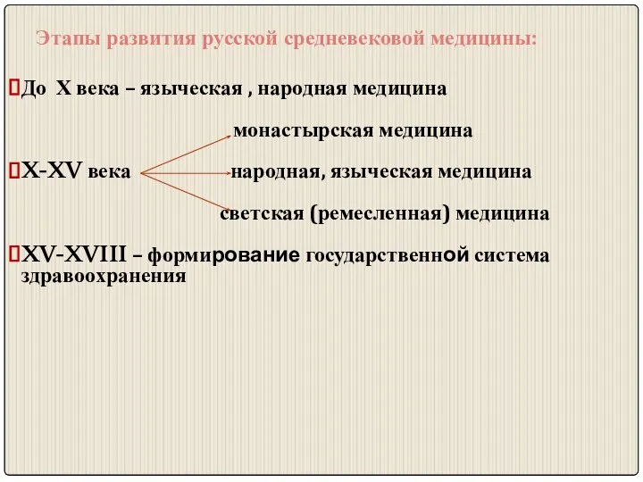 Этапы развития русской средневековой медицины: До Х века – языческая ,
