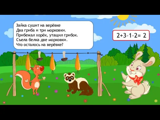 2+3–1–2= 2 Зайка сушит на верёвке Два гриба и три морковки.