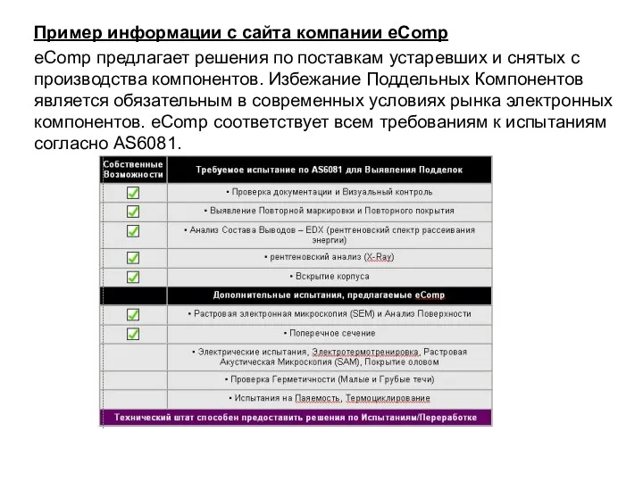 Пример информации с сайта компании eComp eComp предлагает решения по поставкам