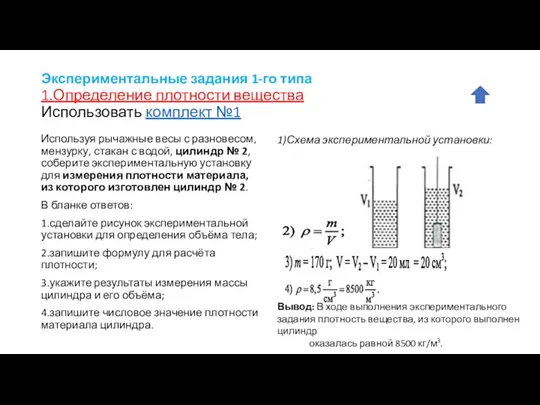 Экспериментальные задания 1-го типа 1.Определение плотности вещества Использовать комплект №1 Используя