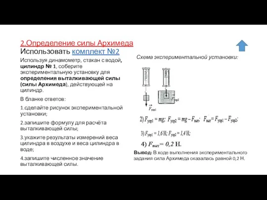 2.Определение силы Архимеда Использовать комплект №2 Используя динамометр, стакан с водой,