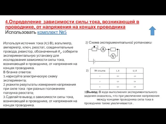 4.Определение зависимости силы тока, возникающей в проводнике, от напряжения на концах