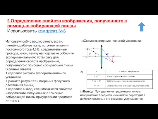 5.Определение свойст­в изображения, полученного с помощью собирающей линзы Использовать комплект №6