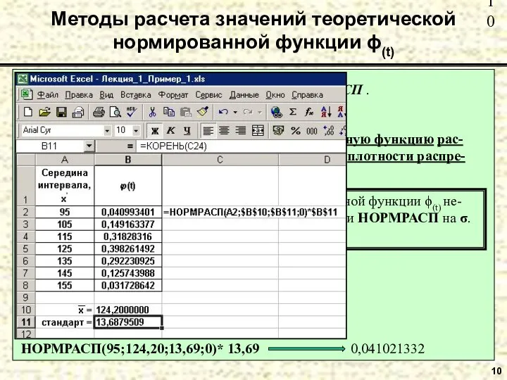 10 Методы расчета значений теоретической нормированной функции ϕ(t) 2. С помощью