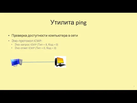 Утилита ping Проверка доступности компьютера в сети Эхо-протокол ICMP: Эхо-запрос ICMP