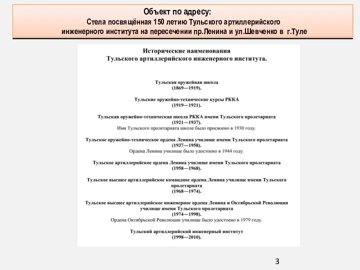 Объект по адресу: Объект по адресу: Стела посвящённая 150 летию Тульского