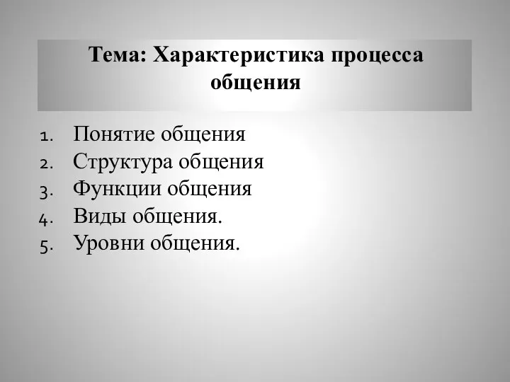 Тема: Характеристика процесса общения Понятие общения Структура общения Функции общения Виды общения. Уровни общения.