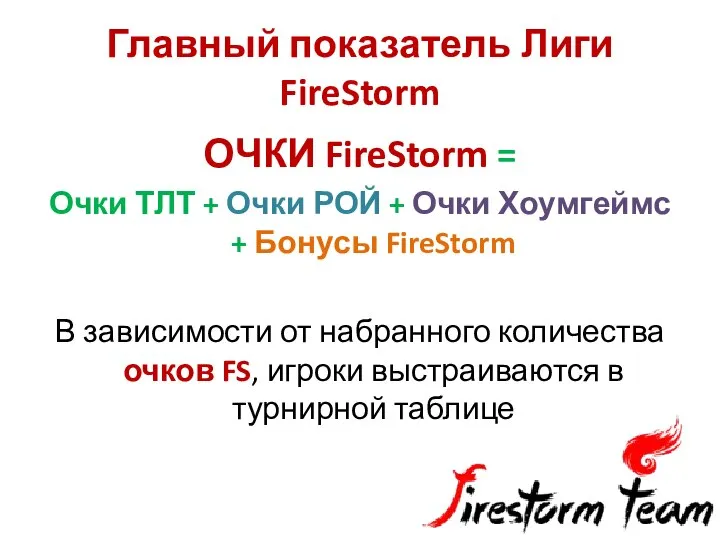 Главный показатель Лиги FireStorm ОЧКИ FireStorm = Очки ТЛТ + Очки