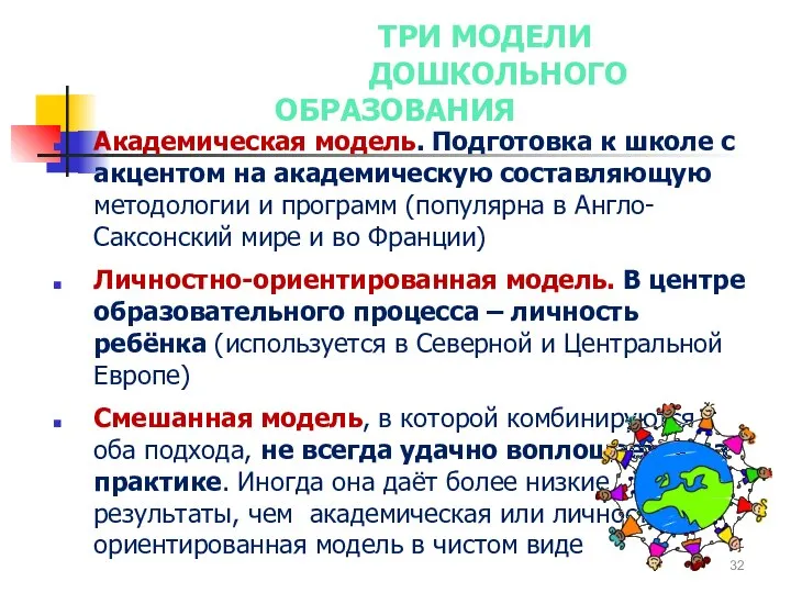 ТРИ МОДЕЛИ ДОШКОЛЬНОГО ОБРАЗОВАНИЯ Академическая модель. Подготовка к школе с акцентом