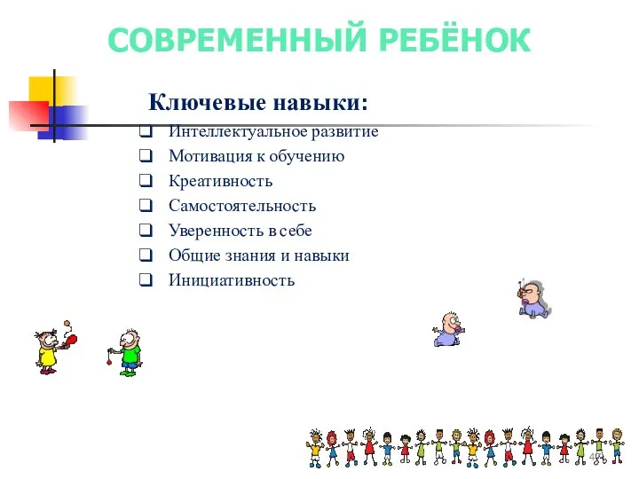 СОВРЕМЕННЫЙ РЕБЁНОК Ключевые навыки: Интеллектуальное развитие Мотивация к обучению Креативность Самостоятельность