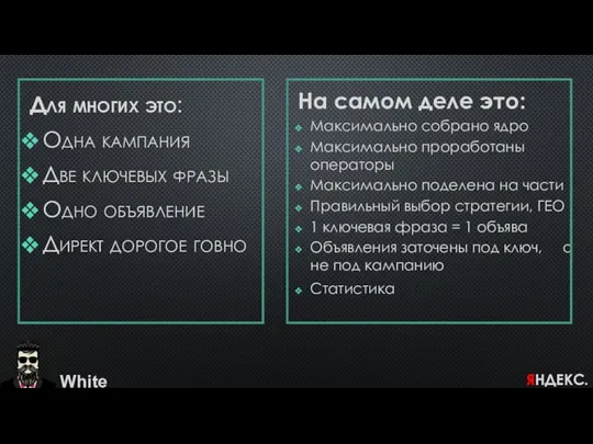 Для многих это: Одна кампания Две ключевых фразы Одно объявление Директ