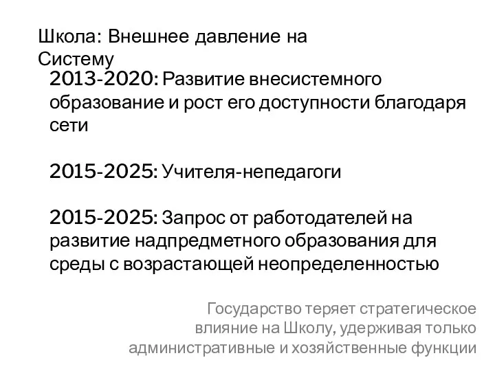 Школа: Внешнее давление на Систему 2013-2020: Развитие внесистемного образование и рост