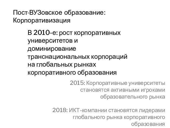 Пост-ВУЗовское образование: Корпоративизация В 2010-е: рост корпоративных университетов и доминирование транснациональных