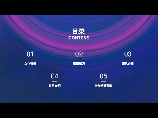 剧目介绍 04 合作巡演条款 05 文化背景 01 剧团概况 02 团队介绍 03 目录 CONTENS