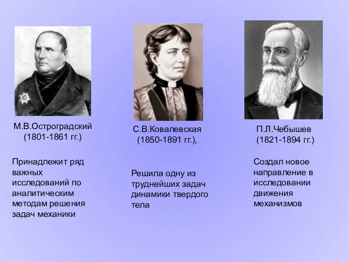 М.В.Остроградский (1801-1861 гг.) С.В.Ковалевская (1850-1891 гг.), П.Л.Чебышев (1821-1894 гг.) Принадлежит ряд