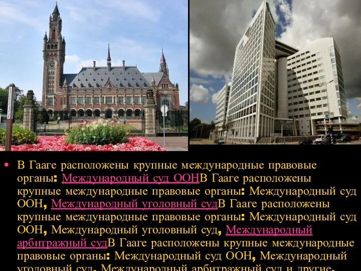В Гааге расположены крупные международные правовые органы: Международный суд ООНВ Гааге