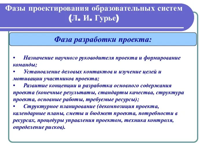 Фазы проектирования образовательных систем (Л. И. Гурье) Фаза разработки проекта: •