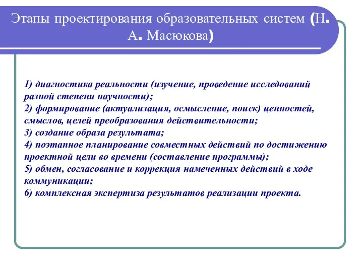 Этапы проектирования образовательных систем (Н. А. Масюкова) 1) диагностика реальности (изучение,