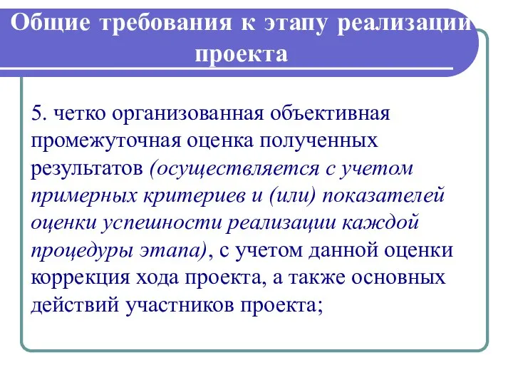 Общие требования к этапу реализации проекта 5. четко организованная объективная промежуточная