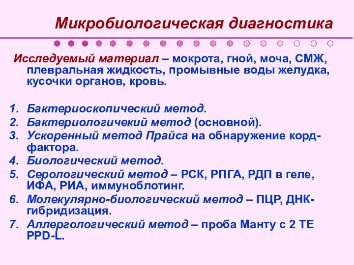 Микробиологическая диагностика Исследуемый материал – мокрота, гной, моча, СМЖ, плевральная жидкость,