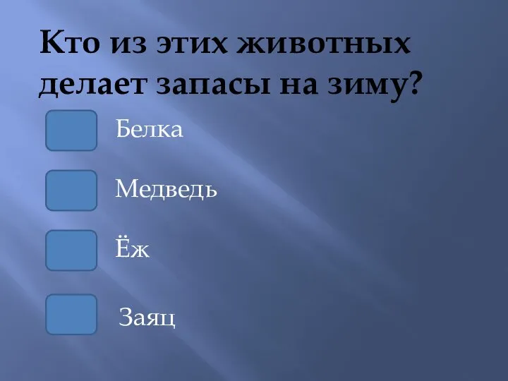 Кто из этих животных делает запасы на зиму? Медведь Белка Ёж Заяц