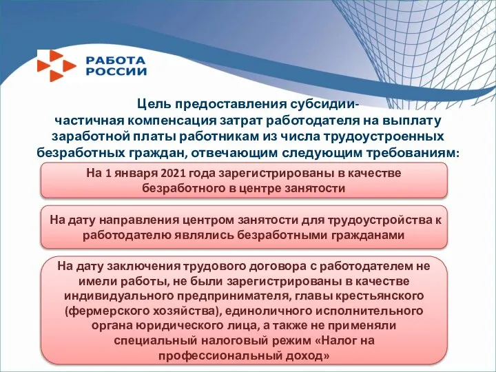 Цель предоставления субсидии- частичная компенсация затрат работодателя на выплату заработной платы