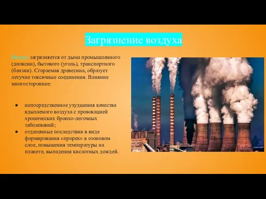 Загрязнение воздуха Воздух загрязняется от дыма промышленного (диоксин), бытового (уголь), транспортного