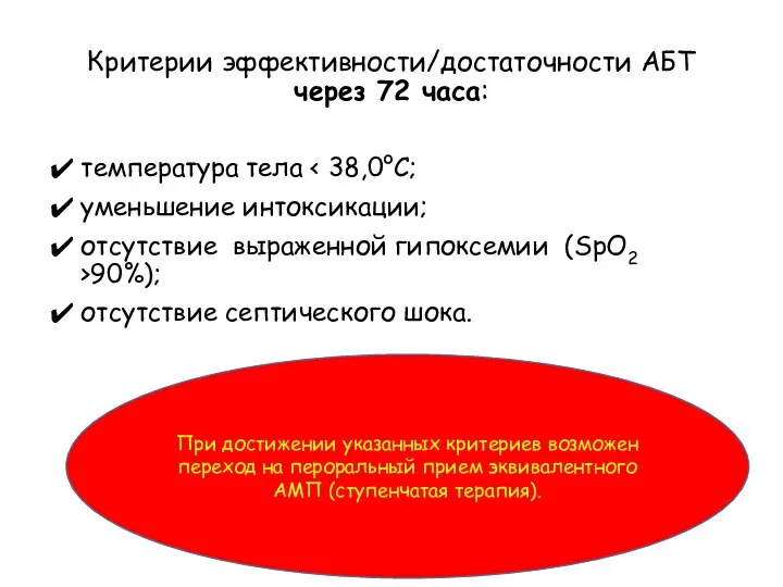 Критерии эффективности/достаточности АБТ через 72 часа: температура тела уменьшение интоксикации; отсутствие