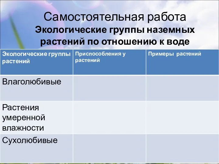 Самостоятельная работа Экологические группы наземных растений по отношению к воде