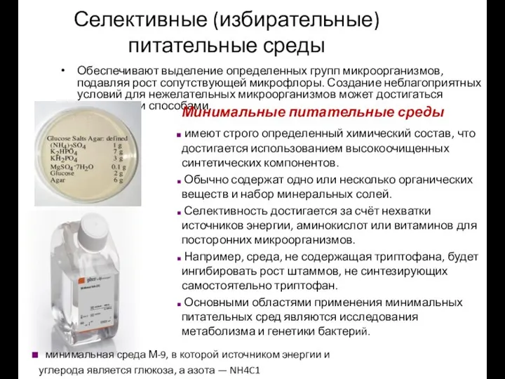 Селективные (избирательные) питательные среды Обеспечивают выделение определенных групп микроорганизмов, подавляя рост