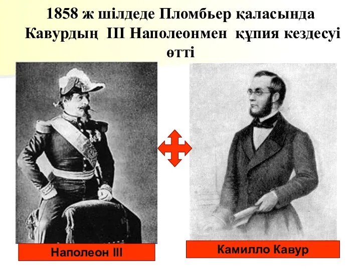 1858 ж шілдеде Пломбьер қаласында Кавурдың ІІІ Наполеонмен құпия кездесуі өтті Наполеон III Камилло Кавур