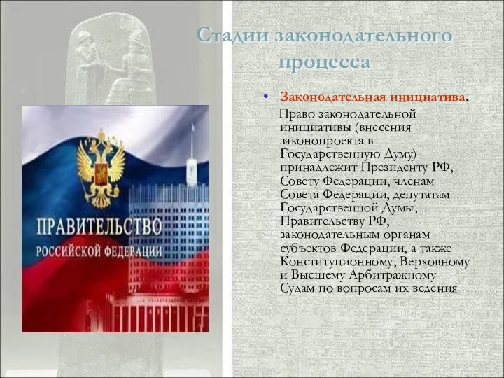 Стадии законодательного процесса Законодательная инициатива. Право законодательной инициативы (внесения законопроекта в