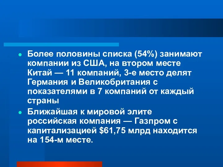 Более половины списка (54%) занимают компании из США, на втором месте