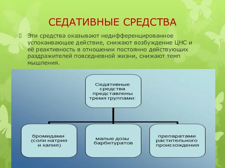 СЕДАТИВНЫЕ СРЕДСТВА Эти средства оказывают недифференцированное успокаивающее действие, снижают возбуждение ЦНС