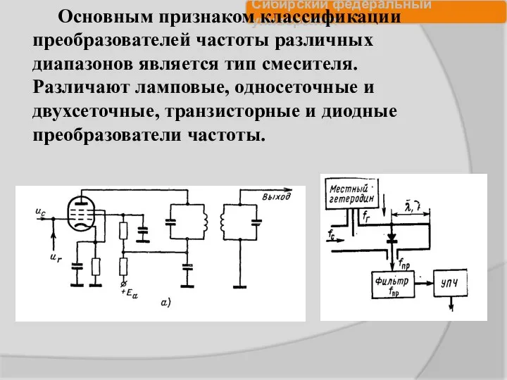 Основным признаком классификации преобразователей частоты различных диапазонов является тип смесителя. Различают