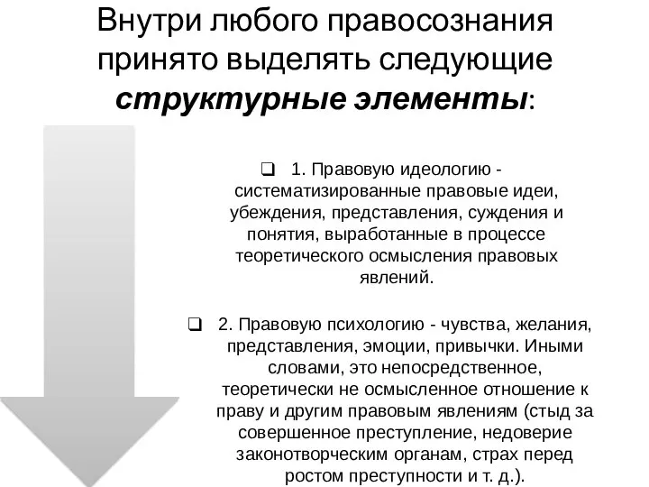 Внутри любого правосознания принято выделять следующие структурные элементы: 1. Правовую идеологию