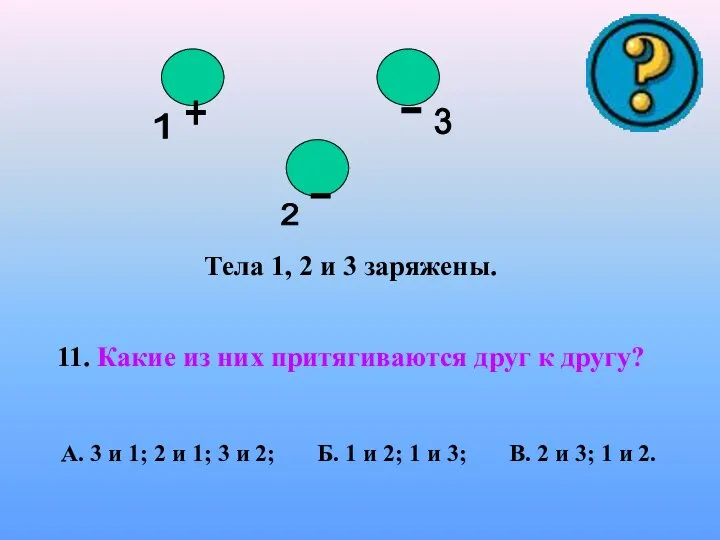 Тела 1, 2 и 3 заряжены. 11. Какие из них притягиваются